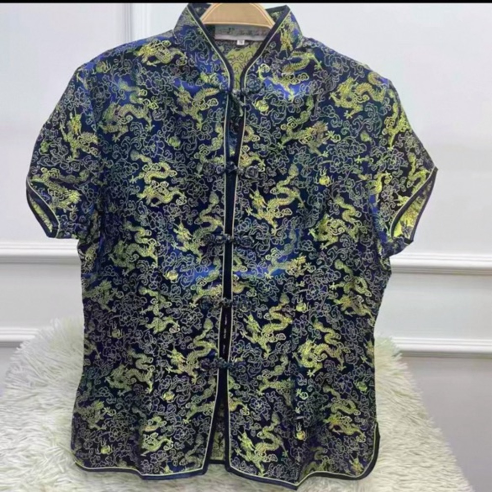Elegant Women’s Blue and Gold Dragon Satin Shirt